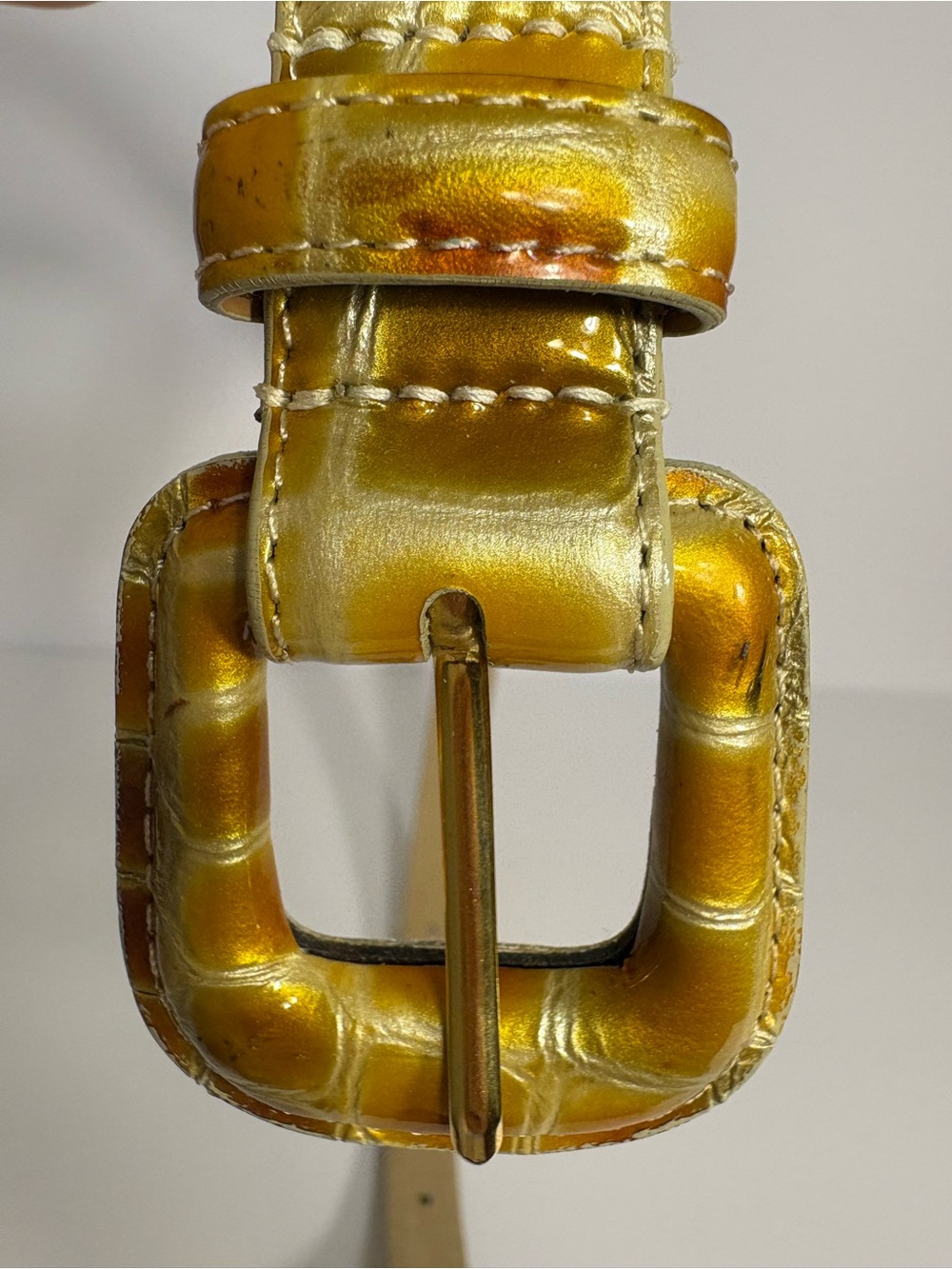 Vintage WCM - Golden Mustard Croc-Embossed Leather Belt with Square Buckle SZ S